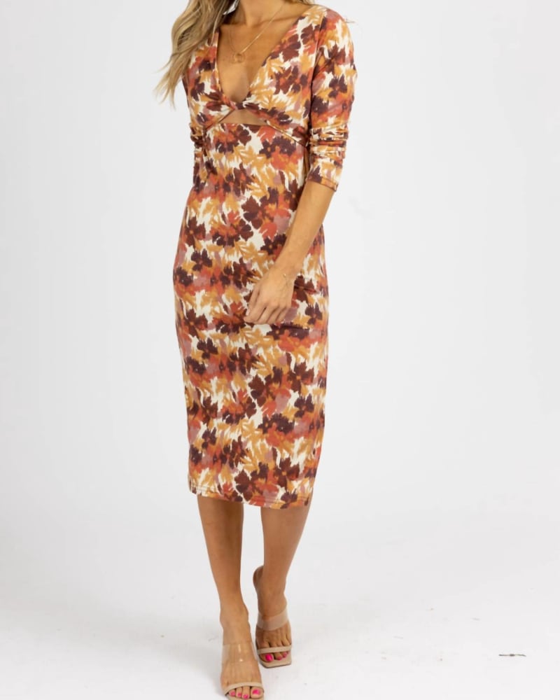 Front of a model wearing a size L Ecru Front Twist Midi Dress In Brown in Brown by ENDLESS BLU.. | dia_product_style_image_id:350505